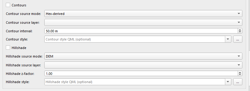 Contours and hillshade options